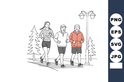 Group of people jogging in park with street lamp and pine tr Product Image 1