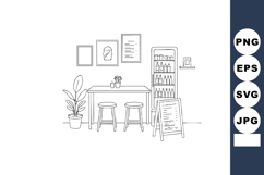 Minimalist cafe interior with table stools refrigerator menu Product Image 1