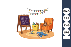 Kids playroom with cozy armchair toys chalkboard and string Product Image 1