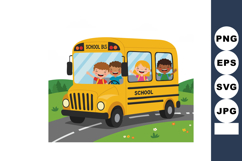 School bus with happy children riding along a curved road in Product Image 1