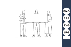 Three people holding blank banner together simple line art v Product Image 1