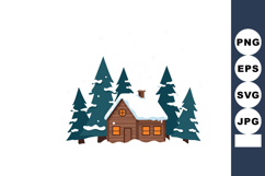 Snowy wooden cabin surrounded by pine trees winter forest la Product Image 1
