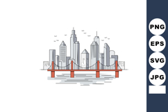 City skyline with red suspension bridge over water vector il Product Image 1