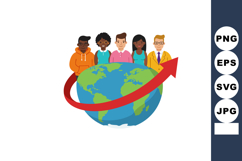 Diverse group of people standing behind globe with red arrow Product Image 1