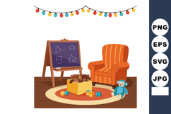Kids playroom interior with armchair toys blackboard and col Product Image 1