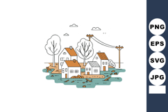Flooded village houses with trees and power lines in waterlo Product Image 1