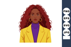 Woman with red curly hair wearing yellow blazer and purple t Product Image 1