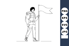 Hiker holding flag with backpack walking in outdoor adventur Product Image 1