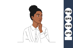 Woman with thoughtful expression wearing white shirt and hol Product Image 1
