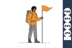 Hiker with orange jacket and flag holding trekking backpack Product Image 1