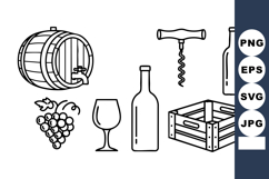 Wine Barrel Corkscrew Bottle Glass Grapes Vector Illustratio Product Image 1