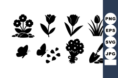 Black Floral Icons Vector Set With Garden Tools Product Image 1