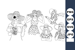 Summer Women Wearing Large Hats Floral Dresses Vector Illust Product Image 1