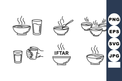 Steaming Bowls Glass Water Iftar Meal Line Art Product Image 1