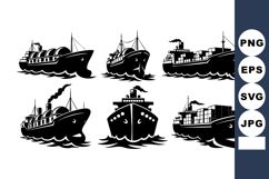 Black Silhouette Cargo Ships and Steamship Boats Vector Product Image 1