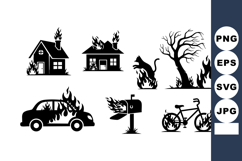 Burning House Car Bicycle Tree Cat Silhouette Vector Product Image 1