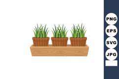 Green grass plants in brown pots placed on wooden tray vecto Product Image 1