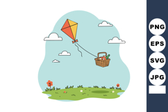 Colorful kite flying with picnic basket floating over green Product Image 1