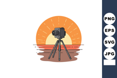 Camera on tripod capturing sunset landscape with orange and Product Image 1