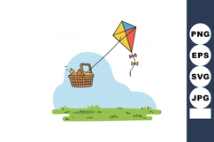 Colorful kite flying with picnic basket in grassy field unde Product Image 1