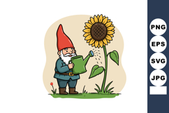 Garden gnome watering large sunflower plant with green water Product Image 1
