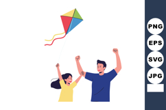 Father and Daughter Flying Colorful Kite Outdoors Enjoying F Product Image 1