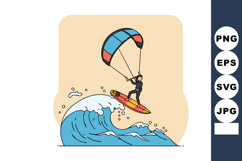 Kite surfer riding blue wave with colorful kite on beige bac Product Image 1
