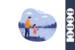 Father and daughter fishing together by lake in nature vecto Product Image 1