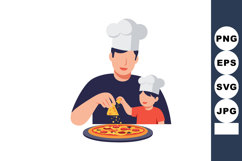 Father and child cooking pizza together wearing chef hats ve Product Image 1