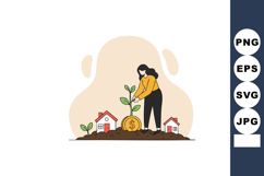 Woman Growing Money Plant with Houses Symbolizing Investment Product Image 1