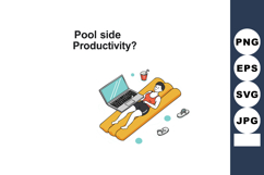 Woman relaxing on inflatable pool float with laptop and drin Product Image 1