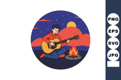 Young man playing guitar near campfire at sunset in outdoor Product Image 1