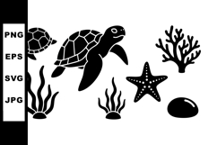 Sea turtle silhouette with coral starfish and underwater pla Product Image 1