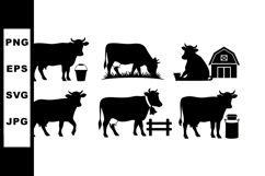 Cow vector silhouettes with farm elements including barn buc Product Image 1