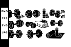Dumbbell and fitness equipment vector set with towels water Product Image 1