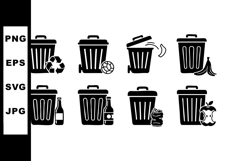 Trash cans with various waste types vector icons including Product Image 1