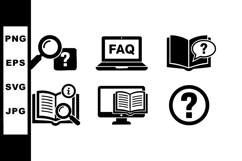 Question mark icons with magnifying glass, FAQ laptop, open Product Image 1
