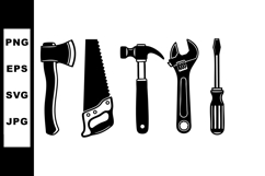 Set of black silhouette tools including axe saw hammer wrenc Product Image 1