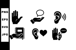 Communication and listening icons with hand gestures and spe Product Image 1