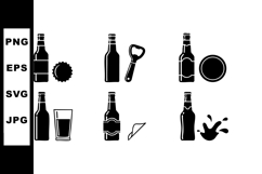 Beer bottle icon set with opener glass cap and splash Product Image 1