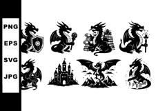 Dragon silhouettes with medieval shield castle and fire Product Image 1