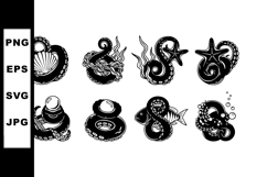 Octopus silhouette icons collection with shells and Product Image 1