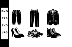 Black fashion apparel and footwear icons including pants, ja Product Image 1