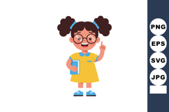 Little girl student with ponytails holding book and pointing Product Image 1