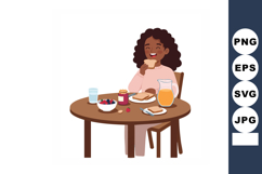 Woman enjoying breakfast with toast orange juice and fruit b Product Image 1