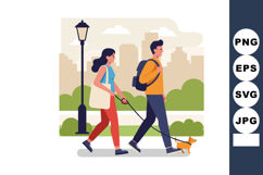 Young couple walking dog in city park with urban skyline bac Product Image 1