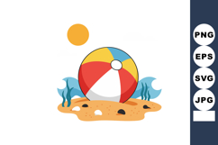 Colorful beach ball on sandy shore with seaweed and bright s Product Image 1