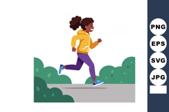 Girl Running Outdoors in Yellow Hoodie and Purple Pants Vect Product Image 1
