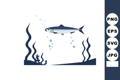 Blue Fish Swimming Underwater with Seaweed and Bubbles Vecto Product Image 1