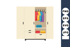 Wardrobe closet with colorful clothes hanging and folded tow Product Image 1